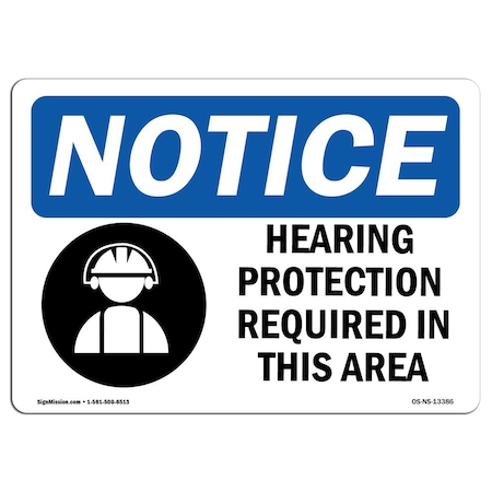 OSHA Notice Sign, Hearing Protection Required With Symbol, 14in X 10in Rigid Plastic